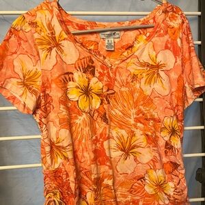 Caribbean Joe Women's Tropical Floral Tee - Orange and Yellow